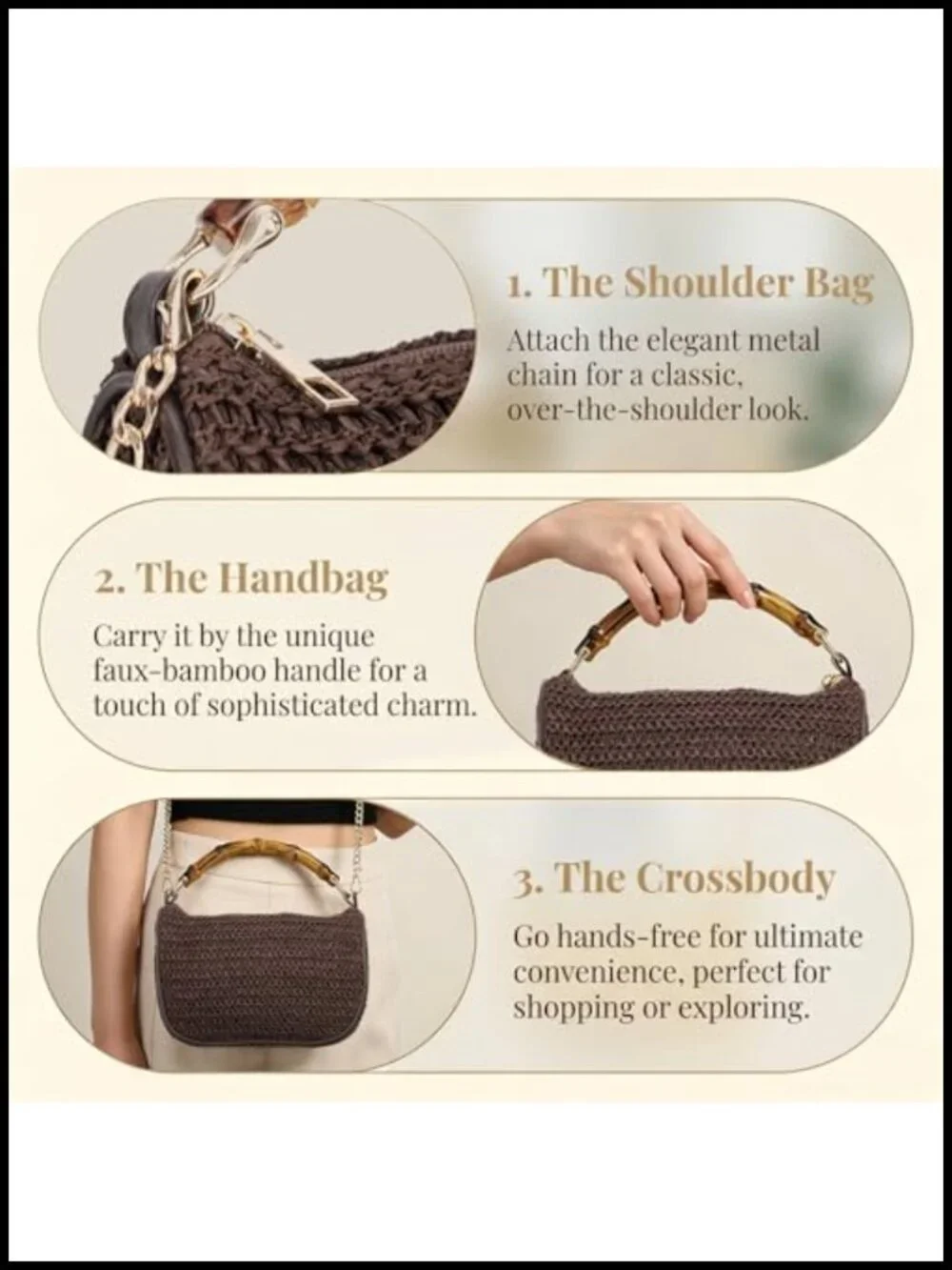 Straw Woven Hobo Tote Beach Crossbody Bag – Detachable Chain, Zipper